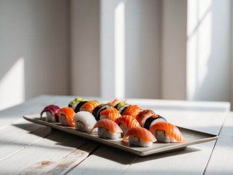 A platter of assorted sushi and rolls on a wooden table.