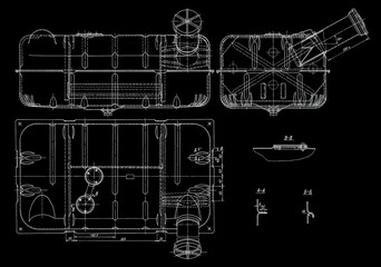 Petrol tank of cargo vehicle.
Engineering mechanical drawing of automotive
device. Industrial cad scheme on paper sheet. 
Technology design of machine building industry. 
Machined template.