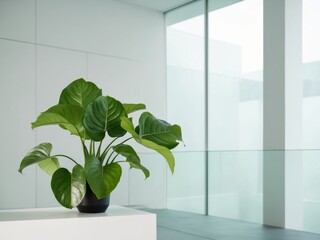 Lush green leaves of plant in modern building.