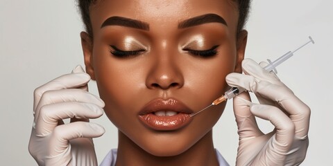 A detailed image shows a woman getting a precise lip injection from a beauty pro, highlighting skincare treatment in cosmetics. The procedure is depicted in a professional setting
