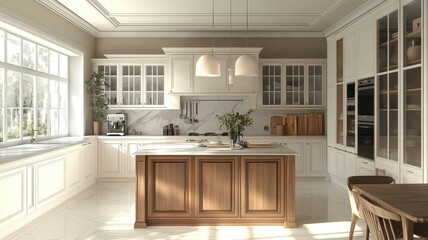 A modern, stylish kitchen featuring a central island, elegant cabinetry, and abundant natural light streaming through large windows.