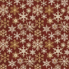 Elegant seamless repeating pattern of shimmering gold and white snowflakes on a deep burgundy red Christmas texture background.