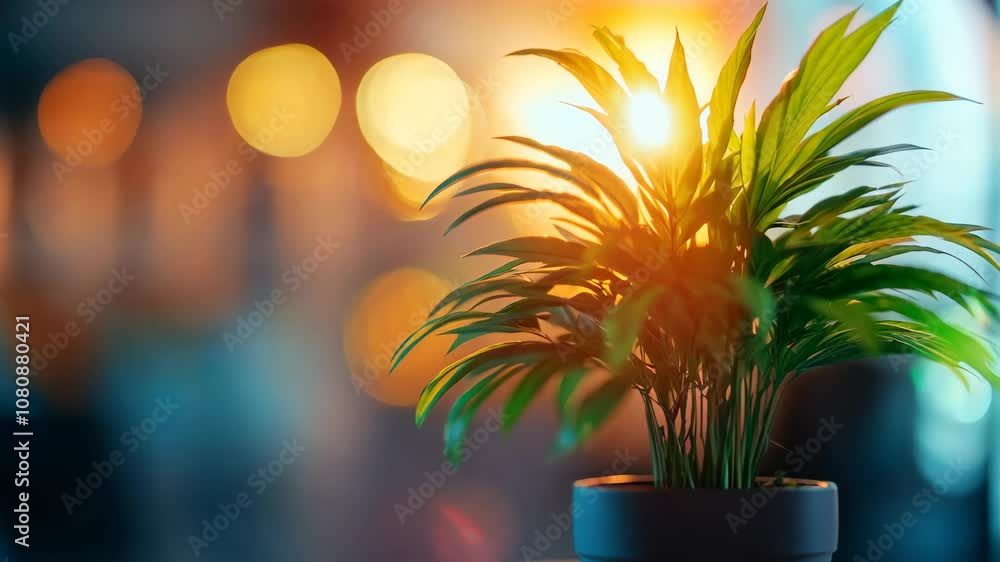Poster blurry silhouette of desk plant in a corporate office captured with a bokeh effect creating a calmin