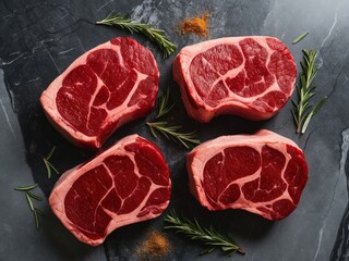 Four raw beef steaks lying on dark marble background with spices and rosemary.