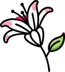 Naklejka premium Stylized Lily Flower with Pink Accents, Illustration of a lily flower with white petals, pink accents, and a single green leaf, showcasing a simple yet elegant design. 