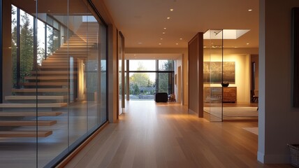 Obraz premium A modern interior featuring open spaces, large windows, hardwood floors, and a wooden staircase, showcasing a blend of natural light and elegant design.