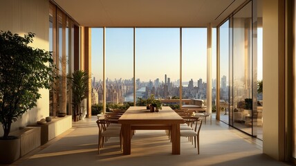 Fototapeta premium A modern dining room with a large table and glass walls offering a stunning view of a city skyline at sunset.