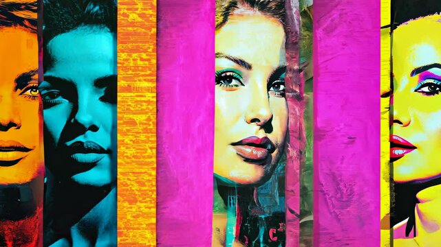 A vibrant pop art collage of iconic female portraits, celebrating diversity and femininity for International Women's Day Video