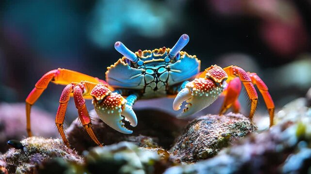 A red crab or fiddler crab hiding among rocks or coral reefs Video