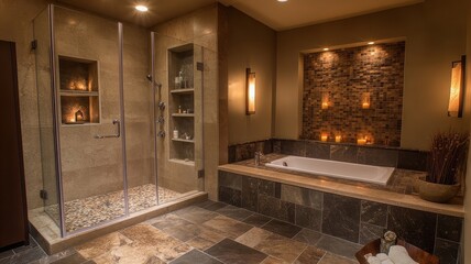 A luxurious bathroom featuring a spacious shower, elegant stone accents, a soaking tub, and soft ambient lighting for a tranquil atmosphere.