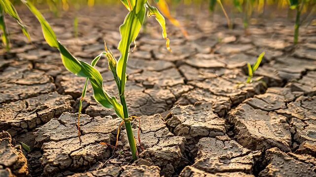 Plant is growing in a dry, cracked field. The plant is small and green, and it is growing in the middle of the dry, cracked ground. Concept of desolation and struggle