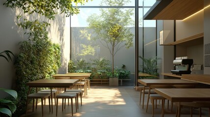 Obraz premium A bright, modern café with wooden tables, greenery, and large windows inviting natural light, creating a serene atmosphere for customers.