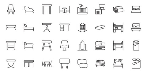Furniture flat line icons set. Kitchen, bedroom, sofa table, bookcase closet, chair, mattress, lamps, ladder vector illustrations