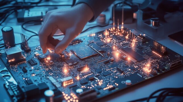 Close-up of a hand repairing a glowing motherboard in a tech lab
