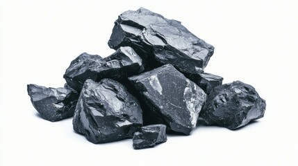 A Collection of Raw Black Minerals Displayed on a Light Background for Natural Resource, Geology, and Mining Visuals, Showcasing Unique Texture and Color Variations