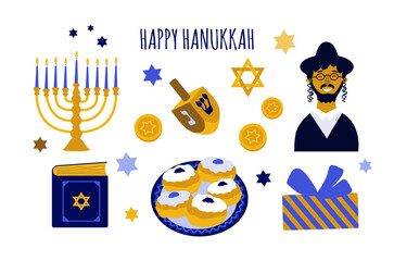 Hanukkah elements on a white background.Traditional Jewish holiday attributes Star of David, menorah, dreidel,donuts, book ,gift, Jewish man