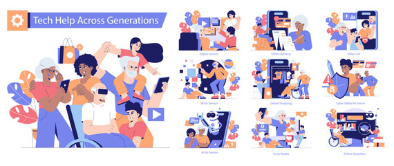 Tech Help Across Generations. Flat Vector Illustration
