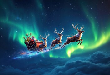 Santa Claus in a sleigh with reindeer flies over the earth in the night starry sky