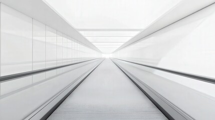 Obraz premium A long, straight moving walkway leading to a bright light in a white hallway.