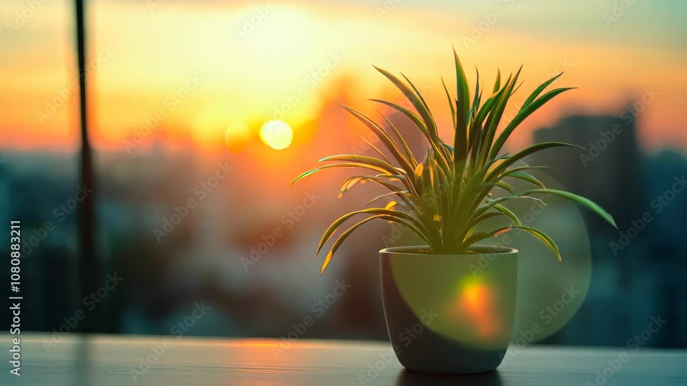 Poster blurry silhouette of desk plant in a corporate office captured with a bokeh effect creating a calmin