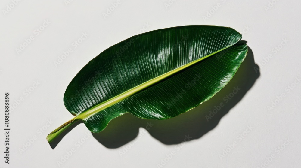 Poster large green banana leaf isolated on a light background showcasing its perfectly curved shape and uni