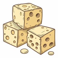 A hand-drawn illustration of three blocks of Swiss cheese, featuring a close-up view of the iconic holes and textured surface.