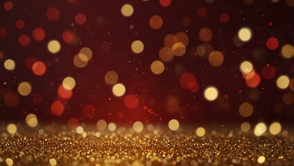 A dark red background with many small, blurry, golden, red, and yellow lights, like glitter.

