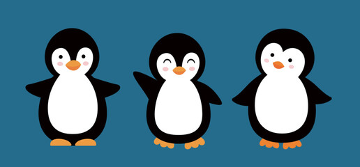 Set of cute penguins. Flat style vector illustration.