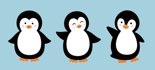 Set of cute penguins. Flat style vector illustration.