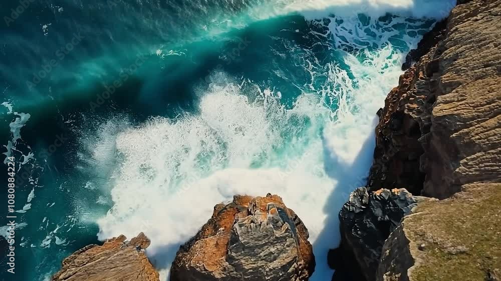 Poster the ocean is crashing against the rocks, creating a powerful and dynamic scene. the water is a deep 