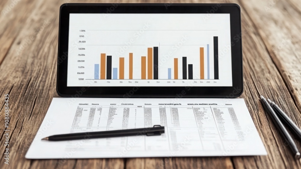 Aufkleber detailed financial report with graphs and tables analyzed on a tablet, displaying monthly performanc