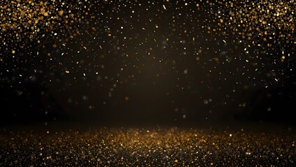 Fototapeta premium A dark background with a lot of gold glitter falling. A sparkly gold floor.