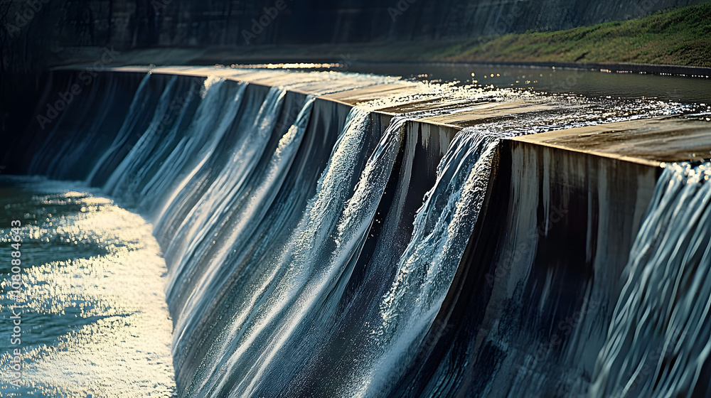 Poster a close-up of water trickling down the face of the dam, with small streams forming intricate pattern