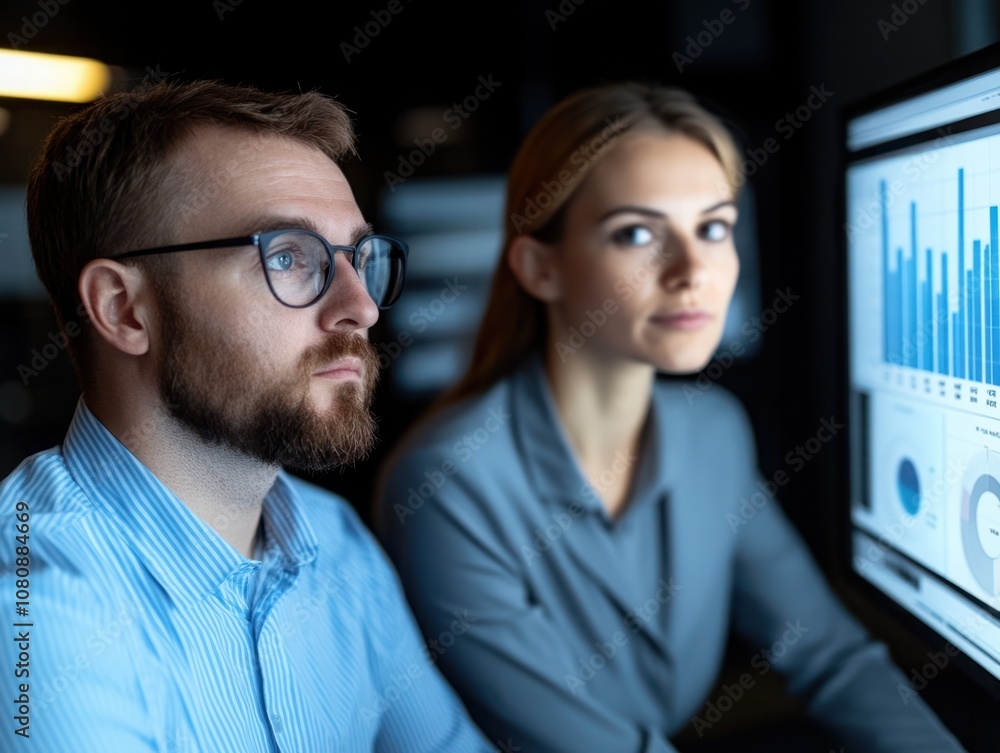 Aufkleber focused professionals analyzing data together in a modern office setting, showcasing teamwork and co