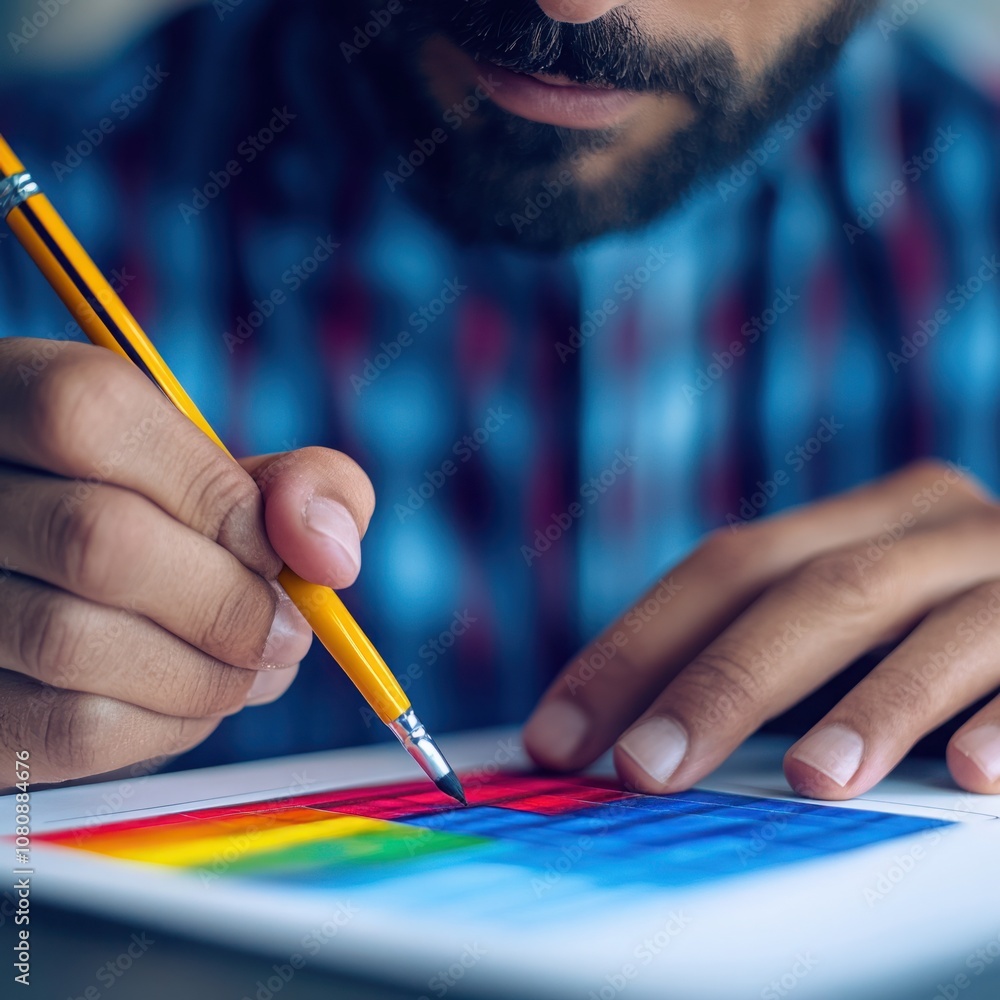 Poster close-up of a man engaged in a creative project, using a pencil and pen to sketch colorful shapes on