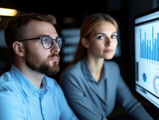 Focused professionals analyzing data together in a modern office setting, showcasing teamwork and concentration on statistical information and graphs