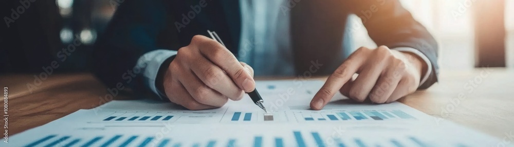 Poster business professional analyzing data and charts on paper, focusing on growth metrics with pen in han