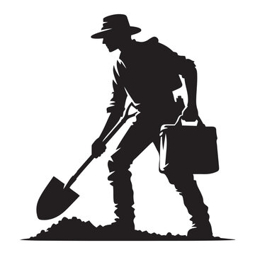 recommend clip art: Archaeologist with a shovel silhouette vector art black color design and solid white background 
