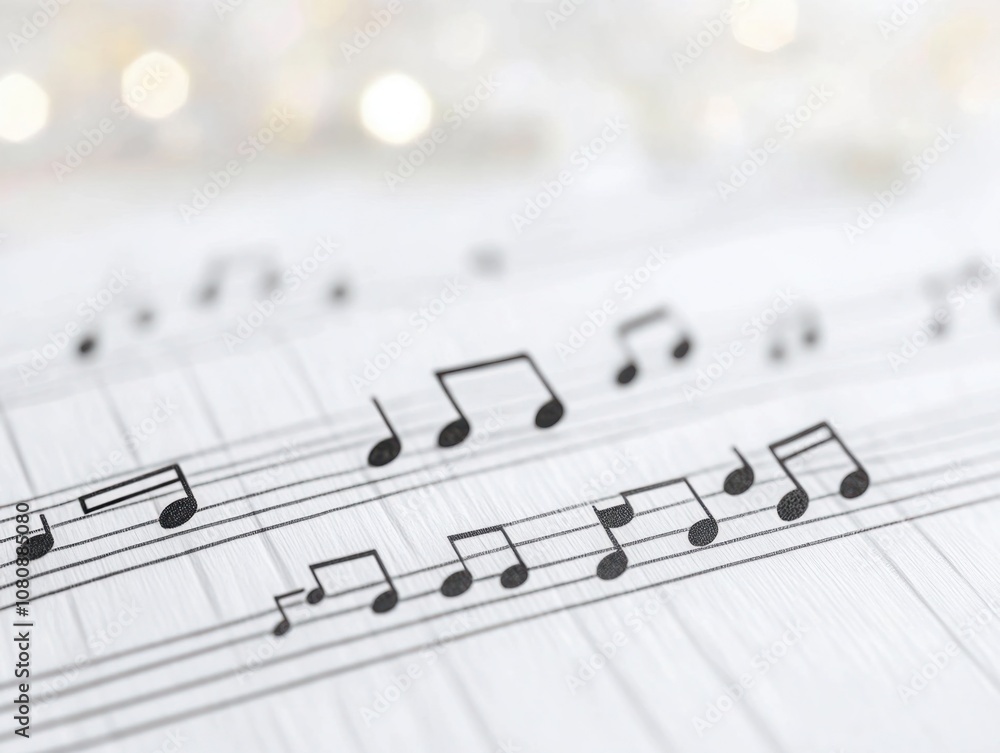 Poster beautiful music notation on sheet paper with blurred bright lights in background creating a dreamy a