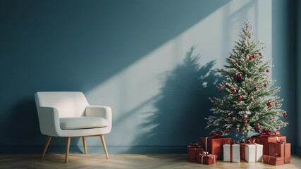 Beautiful Christmas tree with gifts near chair and dusty blue textured wall. Monochrome empty living room Wall scene mockup. Promotion background. Video - Powered by Adobe