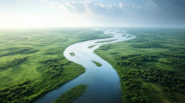 aerial view of a river delta with lush green vegetation and winding waterways Generative AI Video