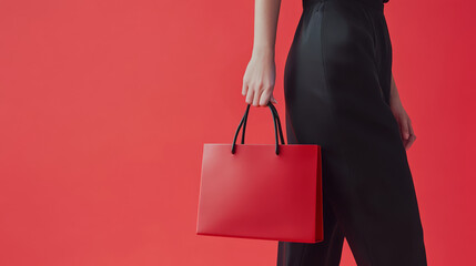 Mockup of Red Tote Bag Held by Fashionable Model Against Vibrant Red Background for Bold Fashion Branding Design Display