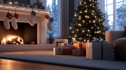 Cozy Christmas setting with gifts and tree.