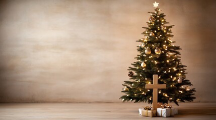 Elegant Christmas tree with decorations and gifts.