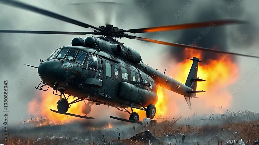 Poster helicopter is flying over a field of fire. the scene is intense and dramatic, with the helicopter be