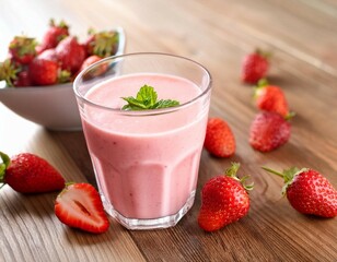 glass with strawberry smoothie or milkshake on wooden table