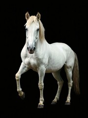 Obraz premium A majestic white horse standing proudly in front of a stark black background, animal, strong, black