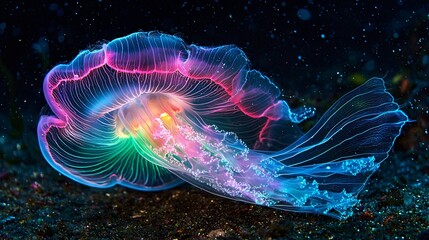 Fototapeta premium A captivating image of a glowing jellyfish drifting gracefully through dark waters. The iridescent colors and ethereal beauty create a mesmerizing aquatic scene.