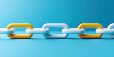 Obraz premium A close-up of interlinked chains in blue and yellow against a gradient background, symbolizing connection and strength.