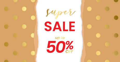 Horizontal festive banner, flyer with torn wrapping kraft paper with golden polka dots super sale 50%. Wrapping craft gold sheet with jagged edges. Vector illustration EPS10